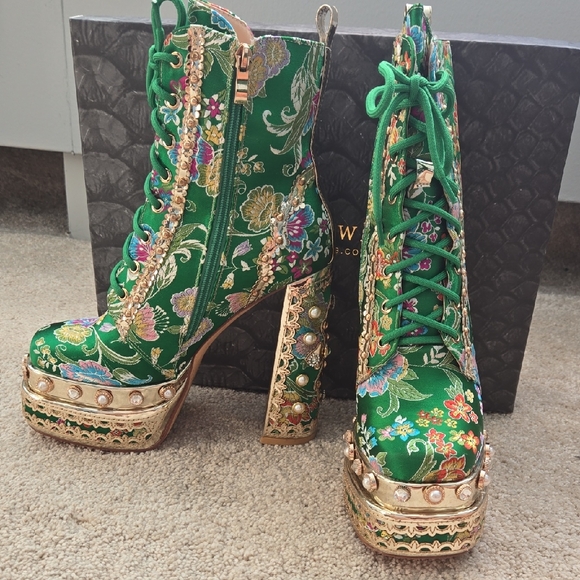 Azalea Wang Shoes - Embellished Green and Gold Women's Boots